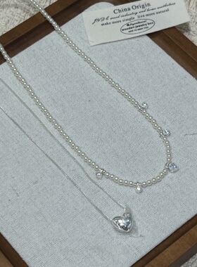 法式复古高级感爱心锆石双层叠戴珍珠项链小众时尚气质百搭锁骨链