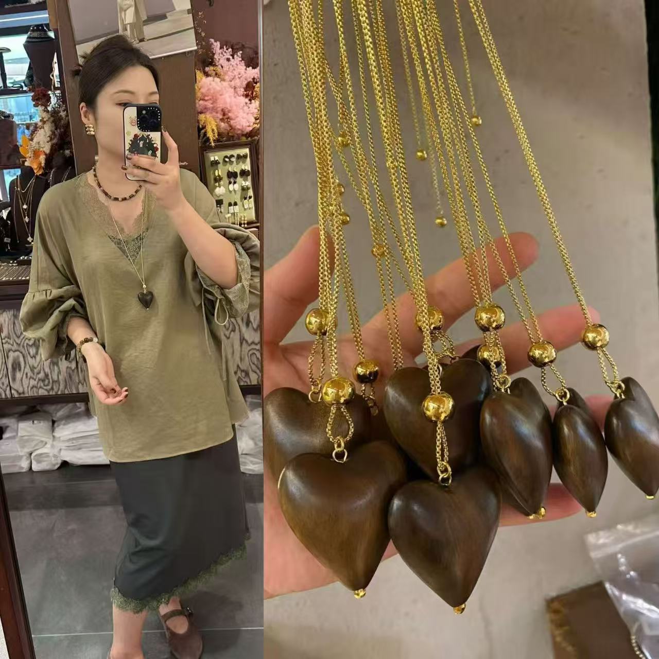 复古简约原木爱心吊坠项链女金属链条气质松弛感慵懒风长款毛衣链
