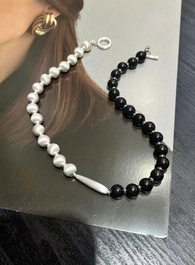 ing网红高级感拉丝黑檀木项链小众设计拼接串珠锁骨链百搭颈链女