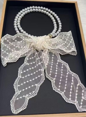 法式复古春夏珍珠项链丝巾女锁骨链丝带韩版装饰绑发带小领巾飘带