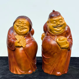 木雕实木地主夫妻客厅摆件守财奴办公室客厅装饰品根雕财主工艺品