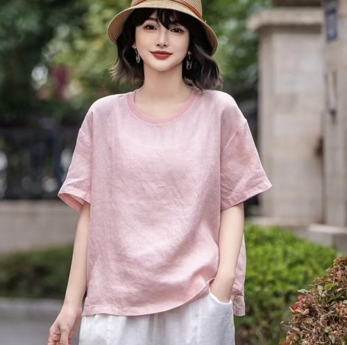 【清风】 女士短袖上衣  螺纹领口  女士体恤衫