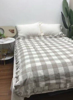 双层【荷叶边汉麻格子床单】 单人床单 150*210cm 100%汉麻