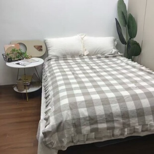 150 双层 荷叶边汉麻格子床单 单人床单 100%汉麻 210cm
