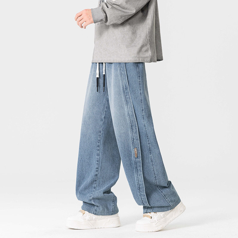 美式复古松紧腰男款宽松直筒阔腿牛仔长裤