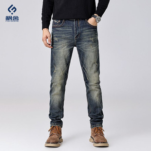 男装 /秋季新款刮烂破洞牛仔裤男小脚修身微锥痞帅补丁乞丐裤
