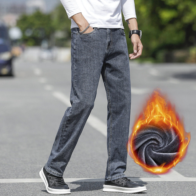 2025冬季新款男士商务宽松直筒加绒加厚牛仔长裤