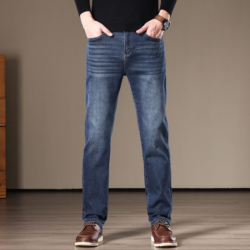 秋冬季加绒加厚男款修身直筒牛仔长裤