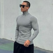 运动长袖 百搭条纹高领打底衫 肌肉男士 韩版 休闲健身T恤修身 秋冬款