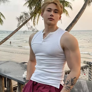 美式休闲短版V字领螺纹亨利运动上衣修身透气健身跑步无袖背心男