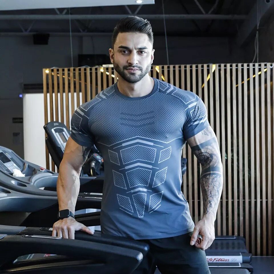 GYM健身教练运动短袖t恤肌肉男高弹力透气训练紧身速干跑步衣服