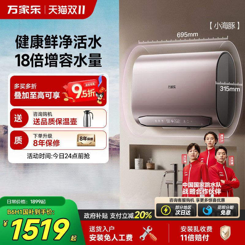 万家乐电热水器扁桶双胆家用卫生间洗澡储水速热60升B6H1节能省