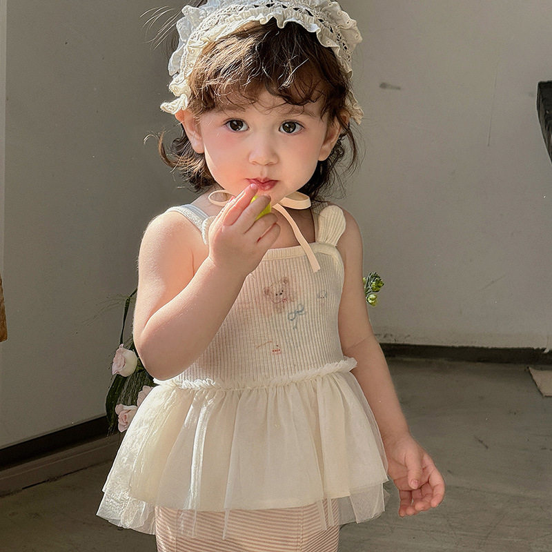 夏季女宝韩系卡通印花小吊带拼接纱裙婴幼儿短款无袖网纱背心 a类