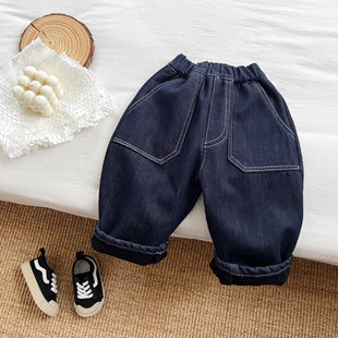 不褪色冬季男女童加绒牛仔裤洋气宝宝百搭加厚保暖防风休闲长裤子