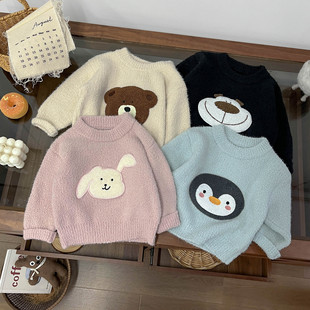婴儿冬季可爱卡通动物套头毛绒针织毛线打底衫男女童保暖毛衣冬天