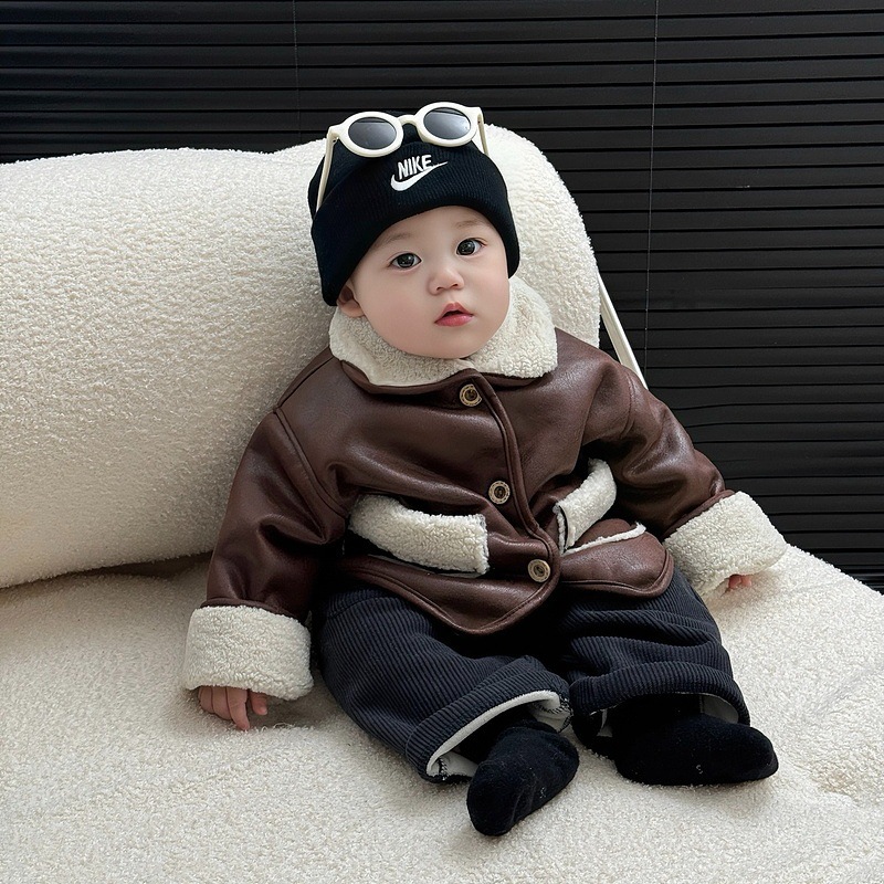 儿童加绒外套秋冬装加厚帅气皮毛一体洋气宝宝时髦保暖羊羔绒衣服