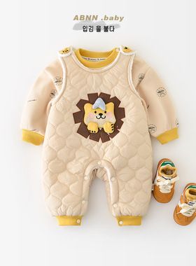儿童连体衣宝宝秋冬绗棉加厚爬服婴儿加绒满印小狮子卫衣55713