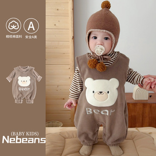 【加绒背带裤+上衣】秋冬加绒咖色小熊男女宝外出服哈衣潮款爬服