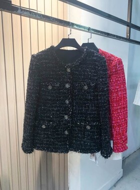 黑色格子流苏小香风外套女        A90056