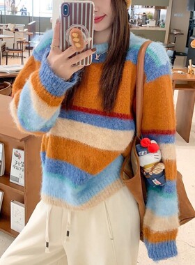 被夸爆！多巴胺条纹圆领毛衣女秋冬新款小个子内搭针织衫保暖上衣