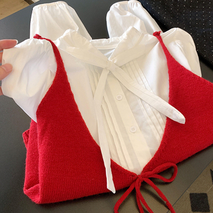 CHAO级推荐 叠穿外搭马甲 韩系氛围感红色粗线针织吊带背心女秋季