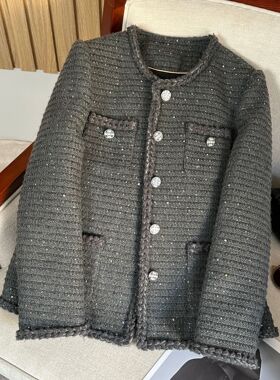 今年流行小香风粗花呢短外套女灰色金属扣高级感法式复古百搭外套