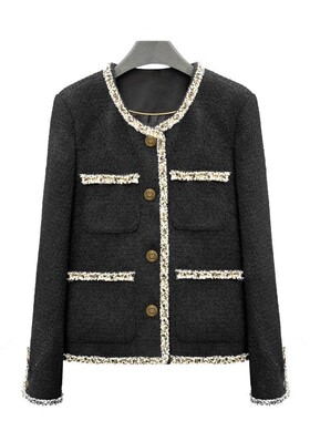 韩派春季新款气质时尚名媛轻奢黑色粗花呢编织小香风显瘦外套A607