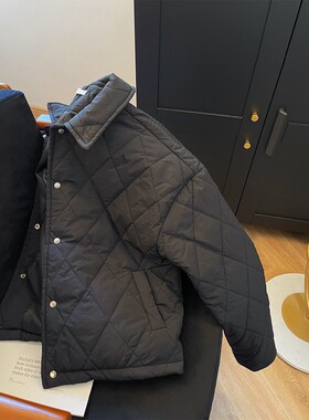 黑色菱格设计休闲轻薄夹棉棉服女2025冬季新款小个子保暖外套上衣