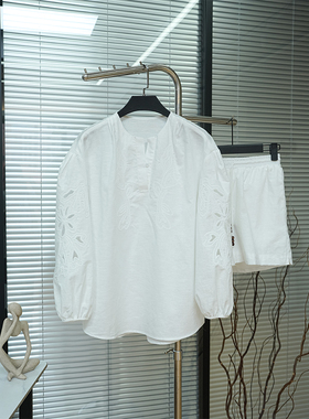 Kalman | 白色亚麻100南法度假小香风穿搭 镂空衬衫/短裤套装