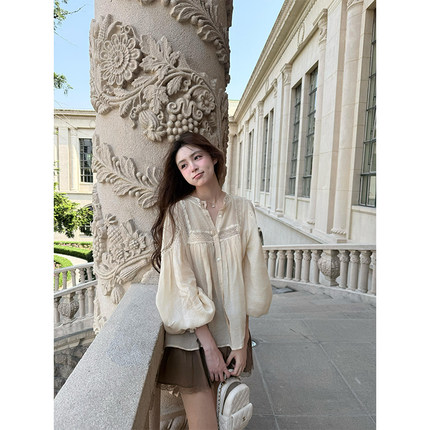 法式优雅甜美风蕾丝拼接防晒长袖衬衫重工褶皱夏日绝美小裙子女夏