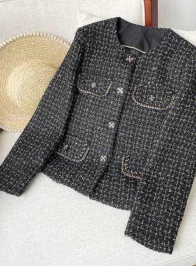 法式富家千金黑色格子小香风外套女2024秋季新款高级感小个子上衣