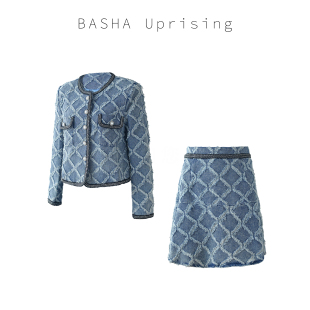 Kalman | 暮色蔷薇！重工毛边牛仔菱形格子外套+A字半裙