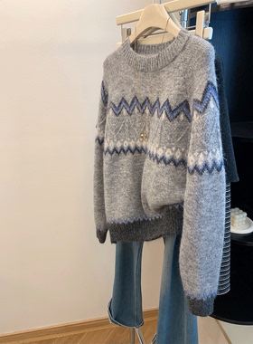 灰色圆领套头费尔岛拼色软糯毛衣女冬休闲韩系百搭慵懒高级感上衣