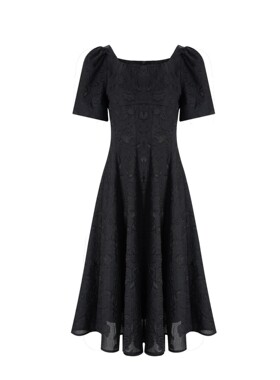 Kalman 【轻赫本】black  方领收腰~~提花鱼尾连衣长裙