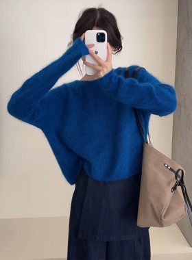 CHAO级推荐~克莱因蓝色浣熊绒软糯毛衣女2025年秋冬毛茸茸针织衫