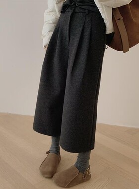 chao级推荐！深灰色高级毛呢七分裤女秋冬新款百搭显瘦阔腿休闲裤