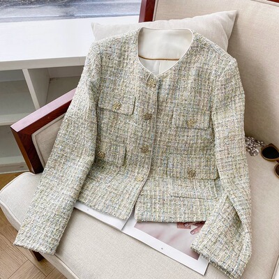 法式手工编织彩色珠片粗花呢编织气质名媛小香风短款外套女A70851