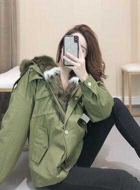Kalman 港味慵懒风~~加厚大衣军绿色毛毛领 外套女中长款S7813