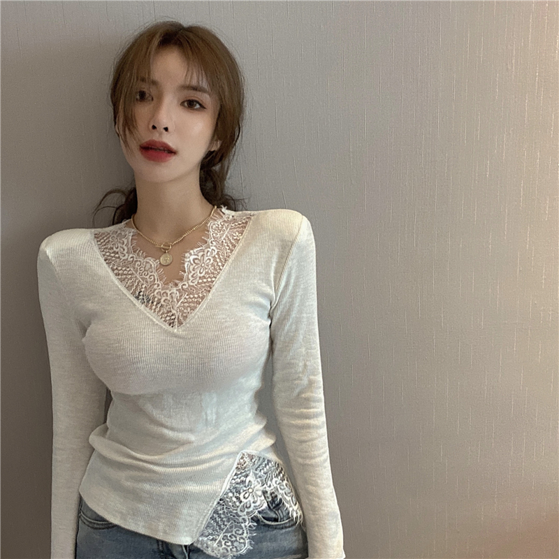 Real price real shot 7372 lace T-shirt with long sleeves and slim mesh V-neck top