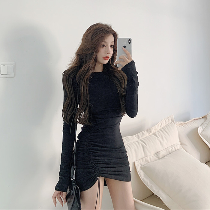 Real price real shot slim slim medium length dress with drawstring at the bottom of the skirt