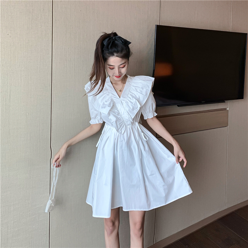 Real price real shot sweet Ruffle V-neck lace up waist slim loose baby skirt Short Sleeve Dress