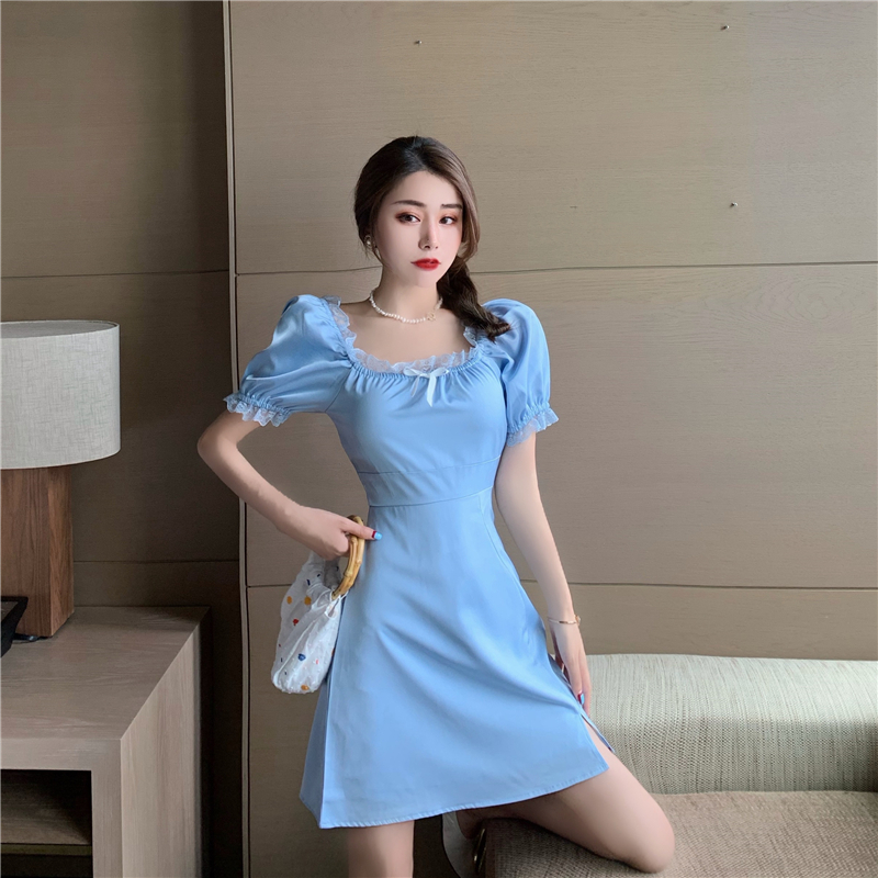 Real price real shot retro light blue square collar Lace Bow Dress