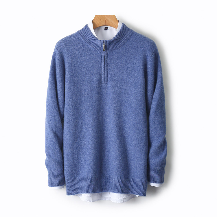 休闲商务纯羊毛衫男毛衣半高领半拉链羊绒衫保暖纯色针织打底