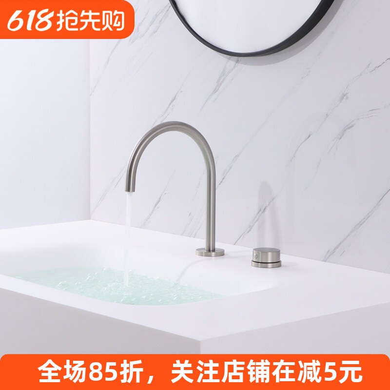全铜镍拉丝双孔分体式面盆冷热水龙头拉丝银双开关三孔洗脸盆旋转