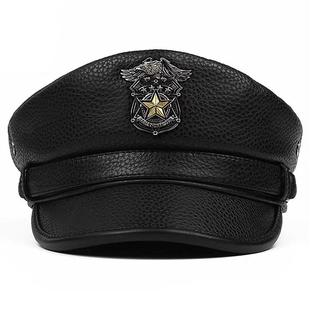 真皮帽子男士平顶水手船长帽时尚机车牛皮鸭舌帽秋冬潮流韩版帽子