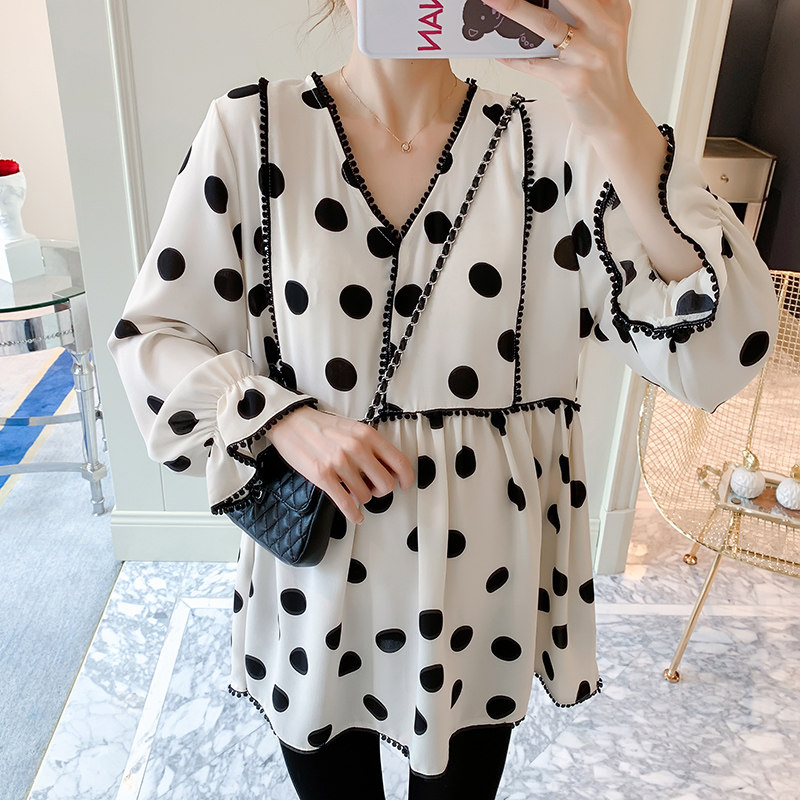 ANGEL MOMMY 출산복 가을 패션 2024 폴카 도트 기질 셔츠 긴 소매 대형 출산 탑 유행 엄마