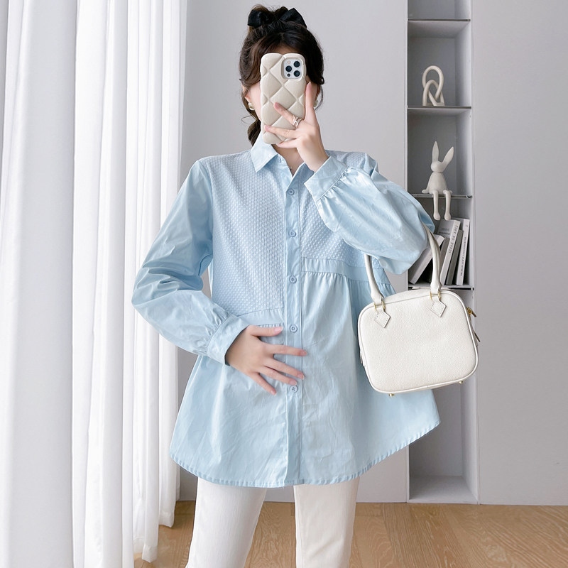 ANGEL MOMMY 임산부복 2024 봄 신상 폴로 칼라 화이트 셔츠 여성용 루즈하고 다재다능한 임산부 상의