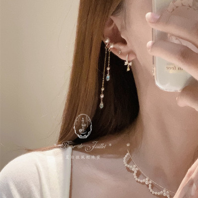 仙女感水晶珍珠耳线扣饰流苏金色