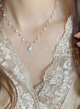 旖梦珍珠月光石项链美国包金