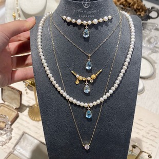 夏日微风*情迷夜巴黎。定制托帕石项链耳钉夹珍珠金通勤高级气质